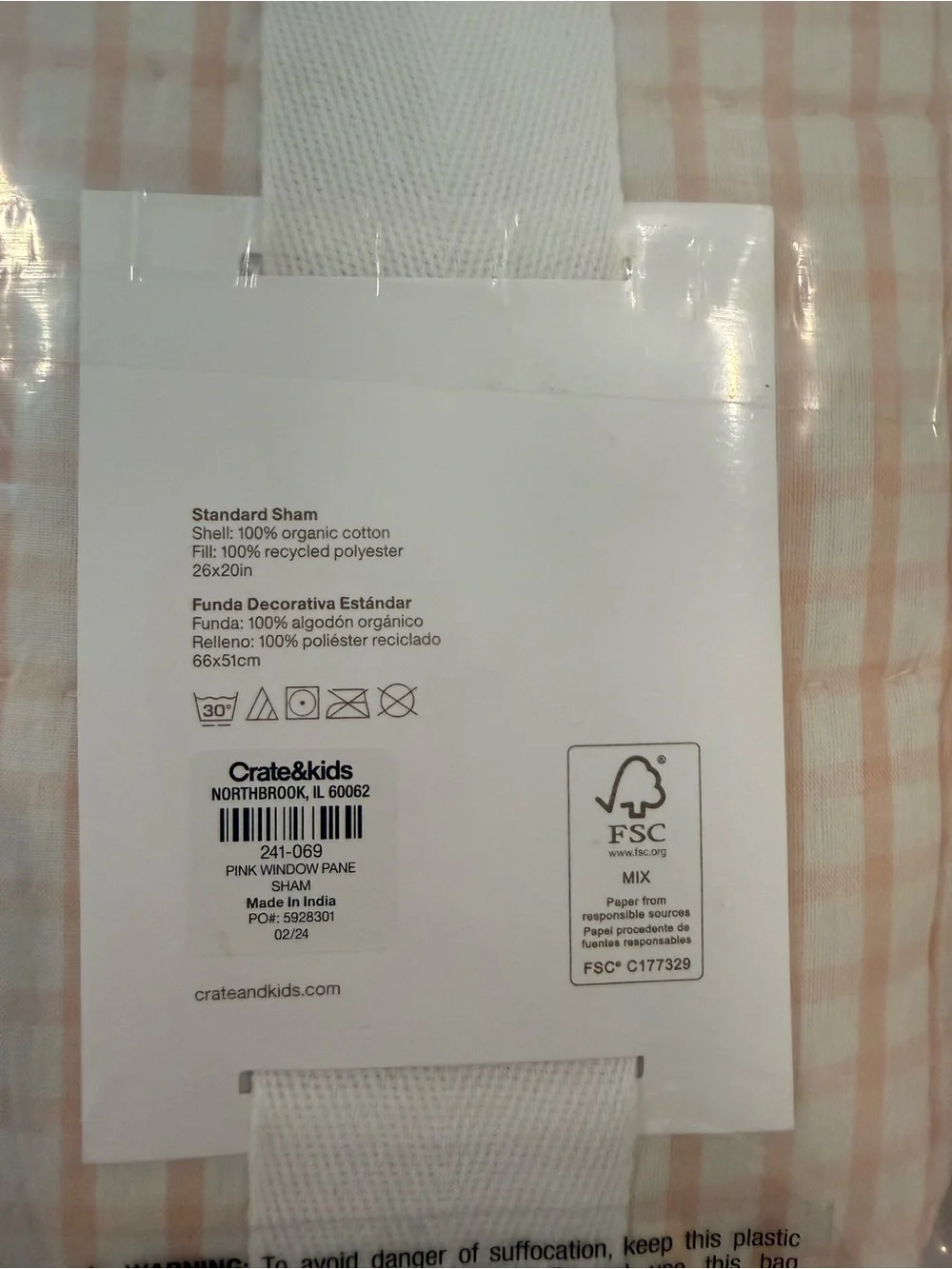 Crate&Barrel Kids Pink Windowpane Pillow Sham